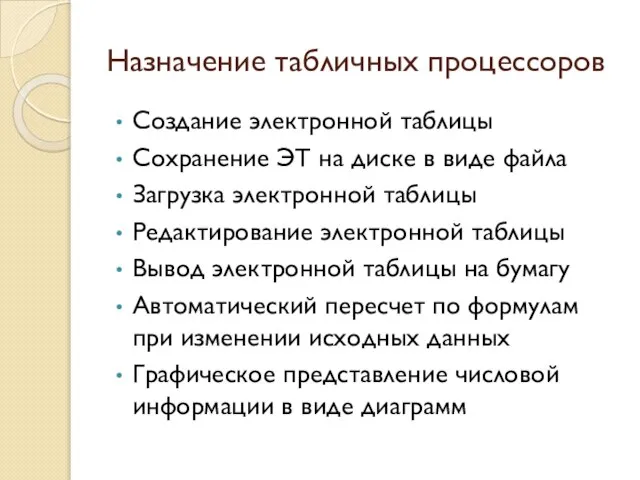 Назначение табличных процессоров Создание электронной таблицы Сохранение ЭТ на диске в виде