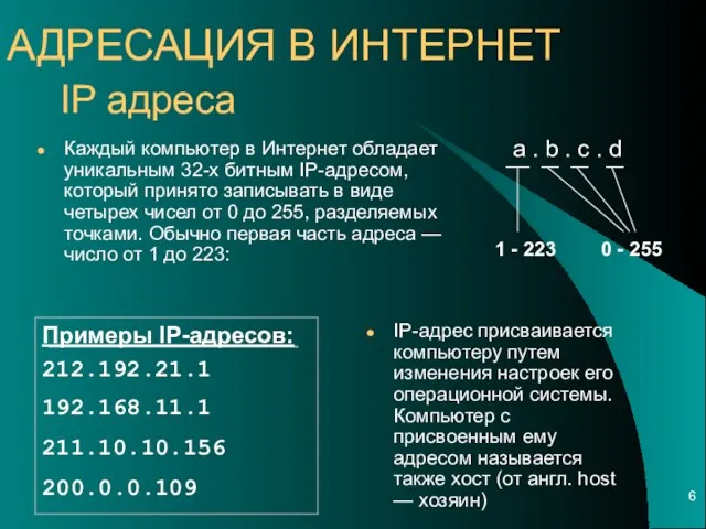 IP адреса IP-адрес присваивается компьютеру путем изменения настроек его операционной системы. Компьютер