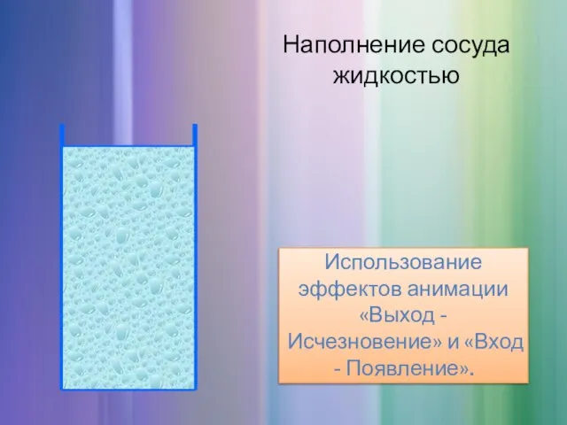 Использование эффектов анимации «Выход - Исчезновение» и «Вход - Появление». Наполнение сосуда жидкостью