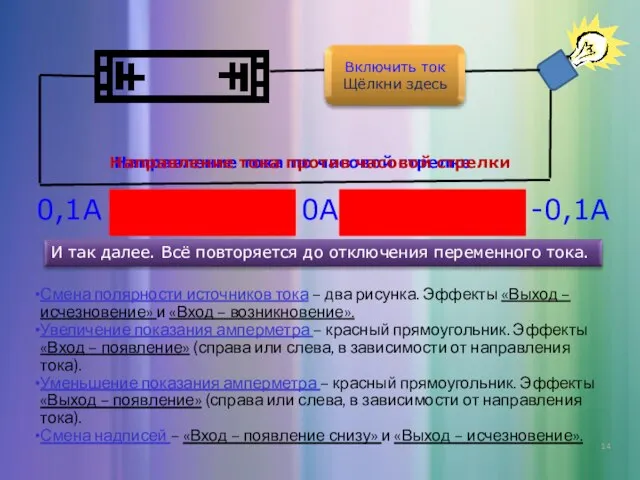 Смена полярности источников тока – два рисунка. Эффекты «Выход – исчезновение» и