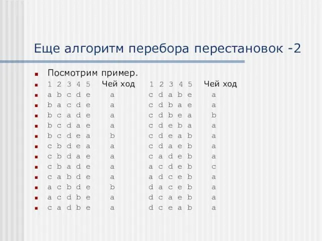 Еще алгоритм перебора перестановок -2 Посмотрим пример. 1 2 3 4 5