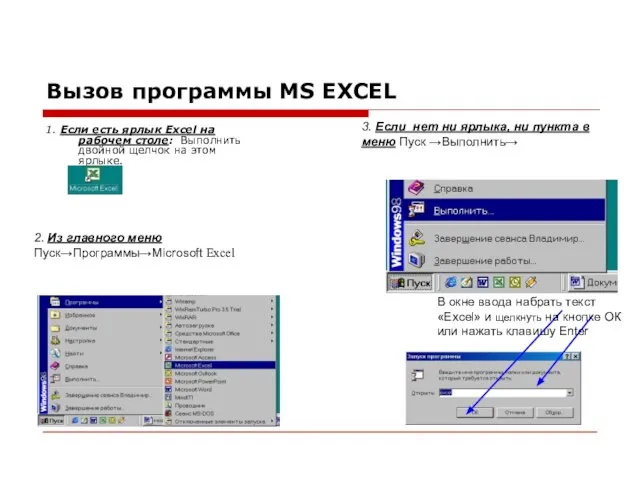 Вызов программы MS EXCEL 1. Если есть ярлык Excel на рабочем столе: