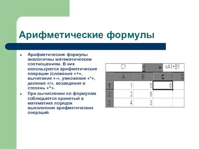 Арифметические формулы Арифметические формулы аналогичны математическим соотношениям. В них используются арифметические операции