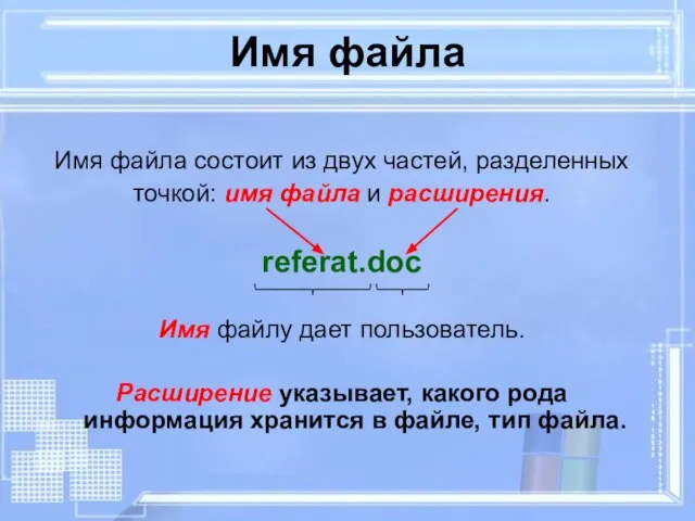 Имя файла Имя файла состоит из двух частей, разделенных точкой: имя файла