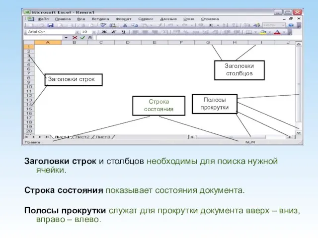 Заголовки строк и столбцов необходимы для поиска нужной ячейки. Строка состояния показывает