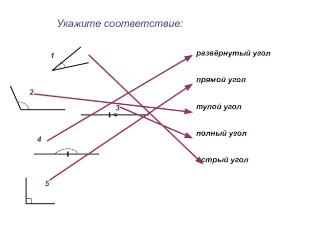 Укажите соответствие: 1 2 3 4 5 развёрнутый угол прямой угол тупой