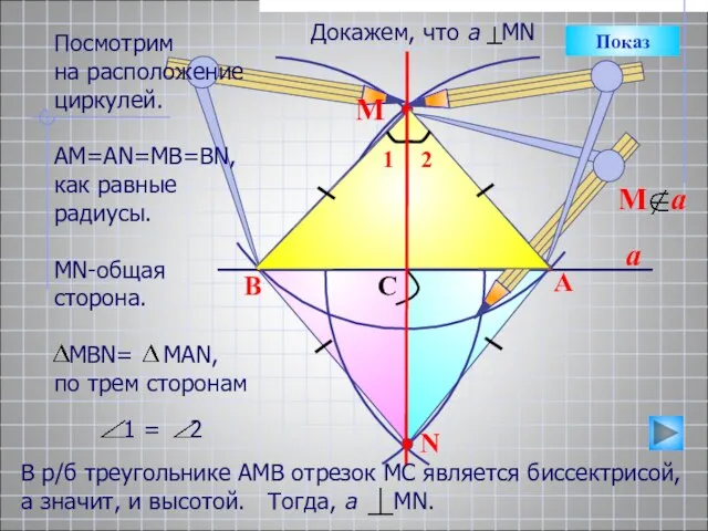 a N B A C М Показ Посмотрим на расположение циркулей. АМ=АN=MB=BN,