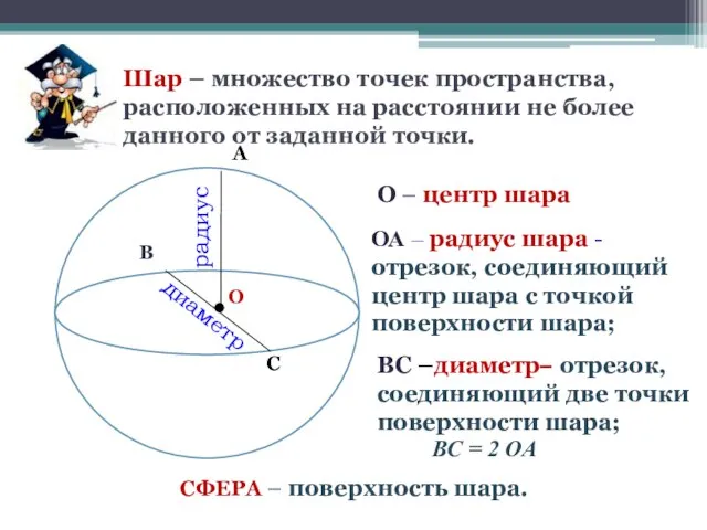 радиус диаметр О – центр шара Шар – множество точек пространства, расположенных