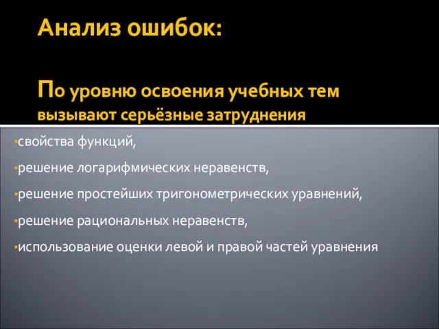 Анализ ошибок: По уровню освоения учебных тем вызывают серьёзные затруднения свойства функций,