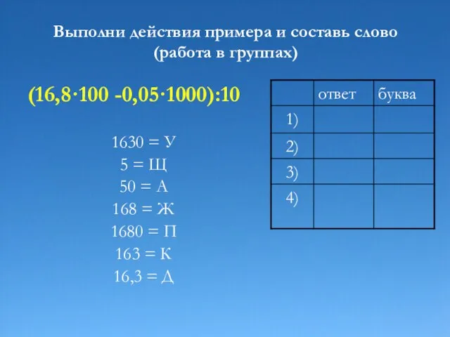 Выполни действия примера и составь слово (работа в группах) (16,8·100 -0,05·1000):10 1630