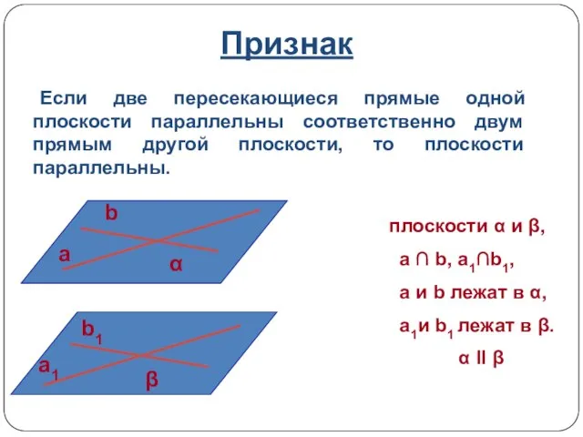 Признак плоскости α и β, a ∩ b, a1∩b1, a и b