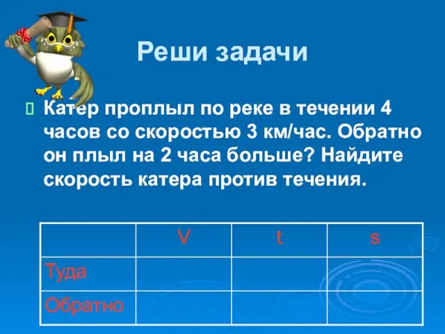 Реши задачи Катер проплыл по реке в течении 4 часов со скоростью