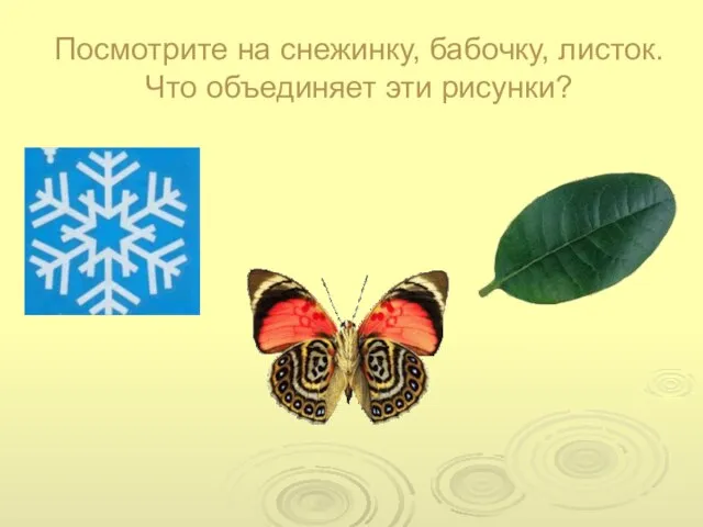 Посмотрите на снежинку, бабочку, листок. Что объединяет эти рисунки?