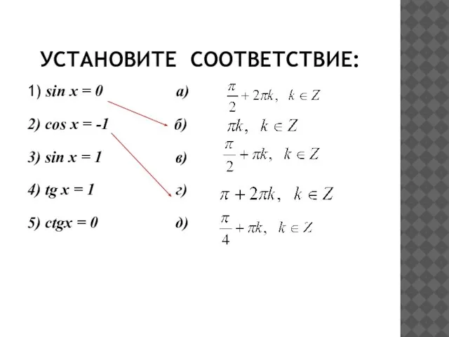 УСТАНОВИТЕ СООТВЕТСТВИЕ: 1) sin x = 0 а) 2) cos x =