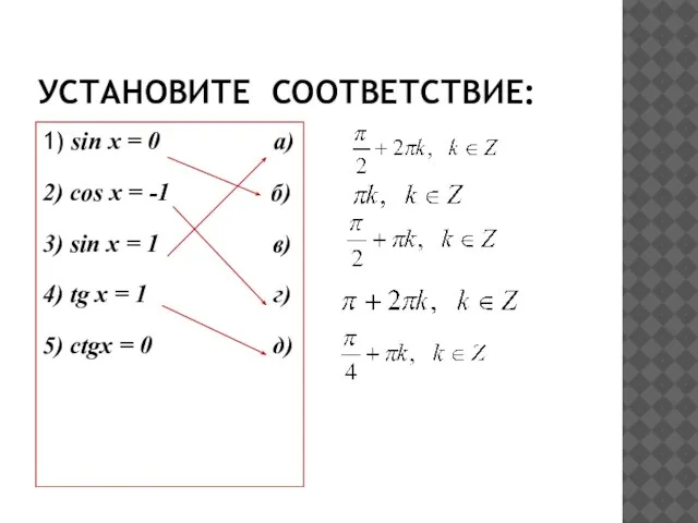 УСТАНОВИТЕ СООТВЕТСТВИЕ: 1) sin x = 0 а) 2) cos x =