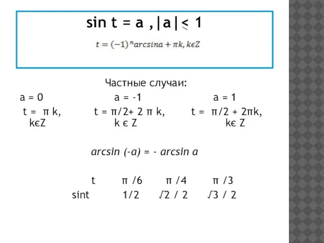 sin t = а ,|a| Частные случаи: а = 0 а =