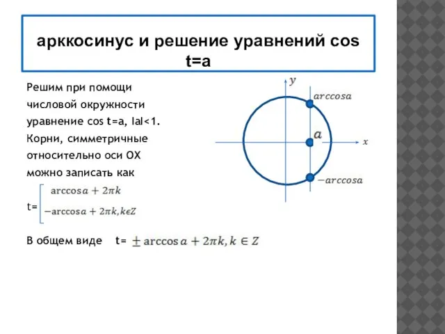 арккосинус и решение уравнений соs t=a Решим при помощи числовой окружности уравнение