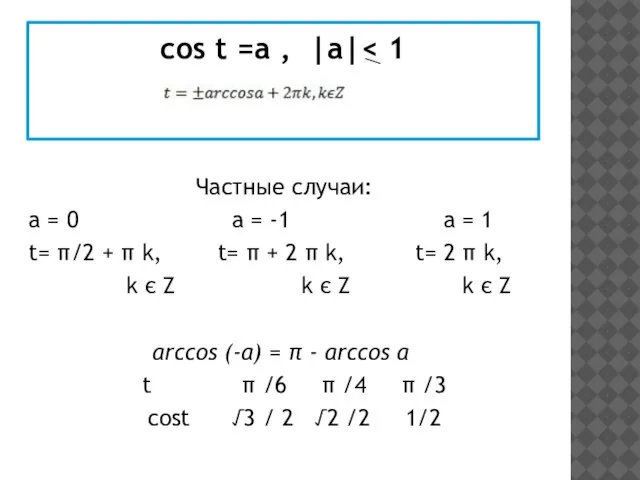 соs t =а , |a| Частные случаи: а = 0 а =