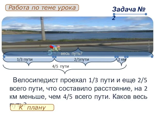 Велосипедист проехал 1/3 пути и еще 2/5 всего пути, что составило расстояние,