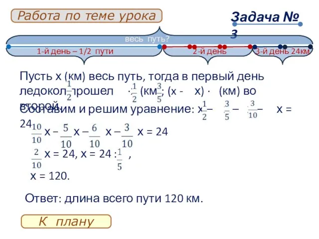 Пусть х (км) весь путь, тогда в первый день ледокол прошел ∙х