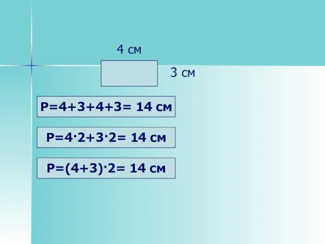 4 см 3 см P=4+3+4+3= 14 см P=(4+3)·2= 14 см P=4·2+3·2= 14 см