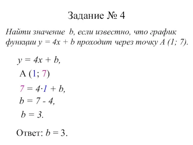 Задание № 4 Найти значение b, если известно, что график функции у