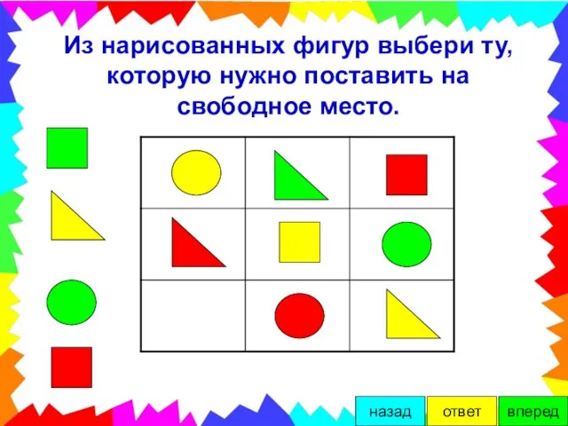 Из нарисованных фигур выбери ту, которую нужно поставить на свободное место. вперед ответ назад