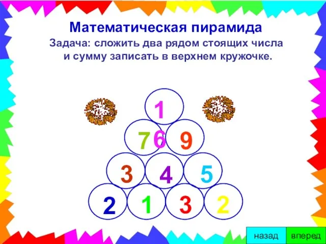 Математическая пирамида Задача: сложить два рядом стоящих числа и сумму записать в