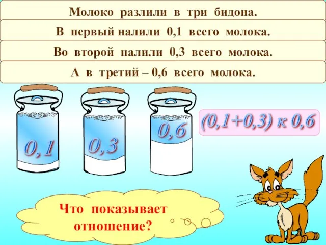 Молоко разлили в три бидона. В первый налили 0,1 всего молока. 0,1