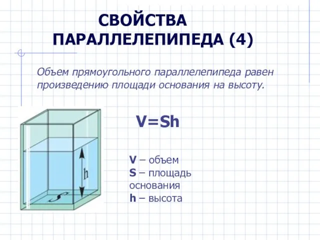 СВОЙСТВА ПАРАЛЛЕЛЕПИПЕДА (4) Объем прямоугольного параллелепипеда равен произведению площади основания на высоту.