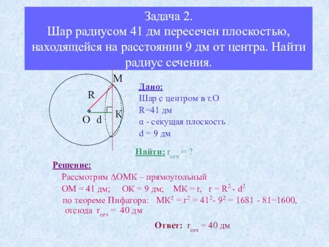 Задача 2. Шар радиусом 41 дм пересечен плоскостью, находящейся на расстоянии 9