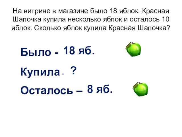 На витрине в магазине было 18 яблок. Красная Шапочка купила несколько яблок