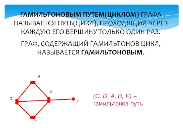 ГАМИЛЬТОНОВЫМ ПУТЕМ(ЦИКЛОМ) ГРАФА НАЗЫВАЕТСЯ ПУТЬ(ЦИКЛ), ПРОХОДЯЩИЙ ЧЕРЕЗ КАЖДУЮ ЕГО ВЕРШИНУ ТОЛЬКО ОДИН