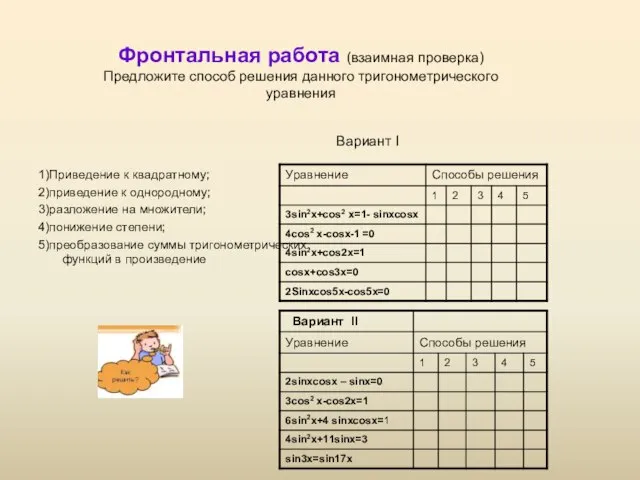 Фронтальная работа (взаимная проверка) Предложите способ решения данного тригонометрического уравнения 1)Приведение к