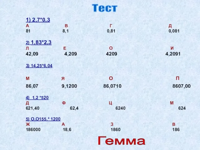 1) 2,7*0,3 А В Г Д 81 8,1 0,81 0,081 2) 1,83*2,3