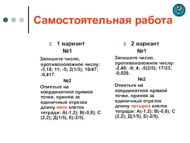 Самостоятельная работа 1 вариант №1 Запишите число, противоположное числу: -3,18; 11; -5;