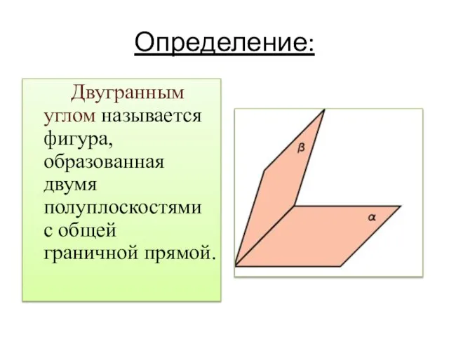 Определение: Двугранным углом называется фигура, образованная двумя полуплоскостями с общей граничной прямой.