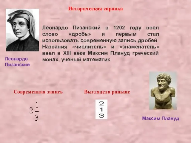 Леонардо Пизанский в 1202 году ввел слово «дробь» и первым стал использовать