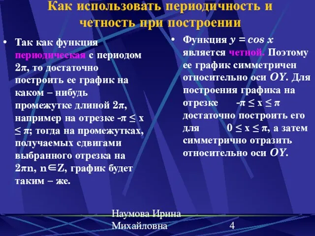 Наумова Ирина Михайловна Как использовать периодичность и четность при построении Так как