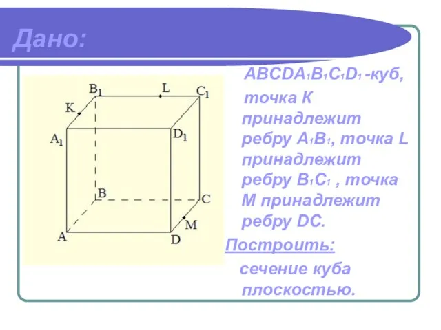 Дано: ABCDА1B1C1D1 -куб, точка К принадлежит ребру A1В1, точка L принадлежит ребру
