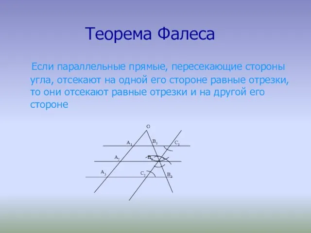 Теорема Фалеса Если параллельные прямые, пересекающие стороны угла, отсекают на одной его