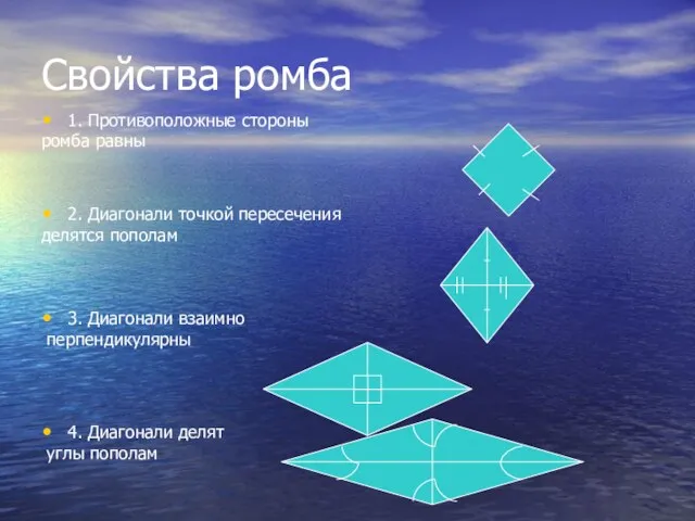 Свойства ромба 1. Противоположные стороны ромба равны 2. Диагонали точкой пересечения делятся