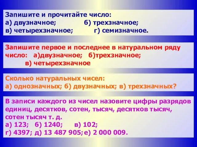 Запишите и прочитайте число: а) двузначное; б) трехзначное; в) четырехзначное; г) семизначное.