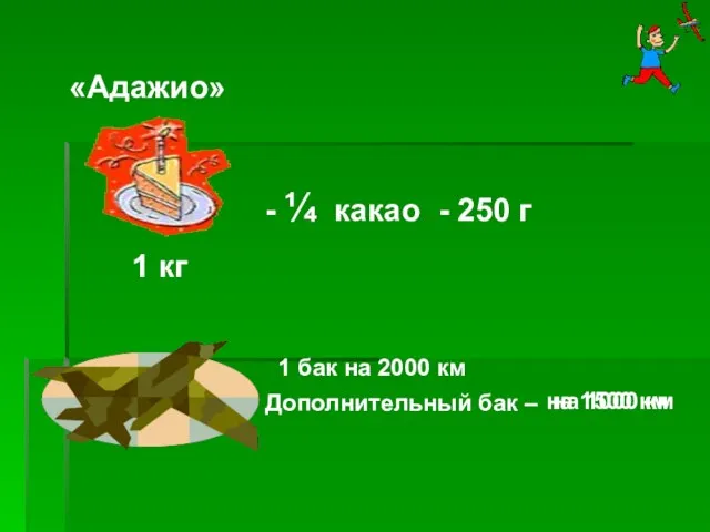 на 1500 км на 1000 км 1 кг «Адажио» - ¼ какао