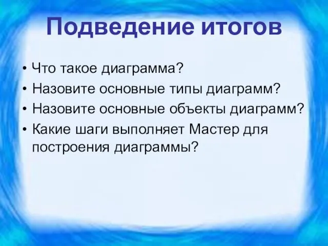 Что такое диаграмма? Назовите основные типы диаграмм? Назовите основные объекты диаграмм? Какие