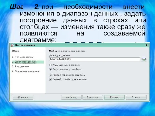 Шаг 2: при необходимости внести изменения в диапазон данных , задать построение