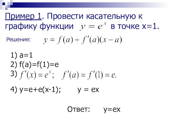 Пример 1. Провести касательную к графику функции в точке x=1. Решение: 1)