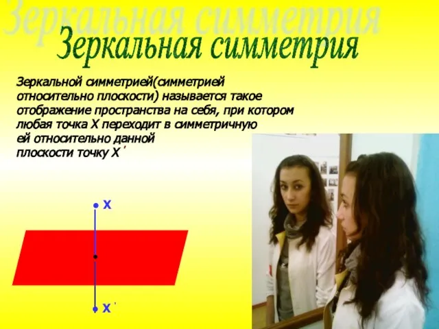 Зеркальной симметрией(симметрией относительно плоскости) называется такое отображение пространства на себя, при котором