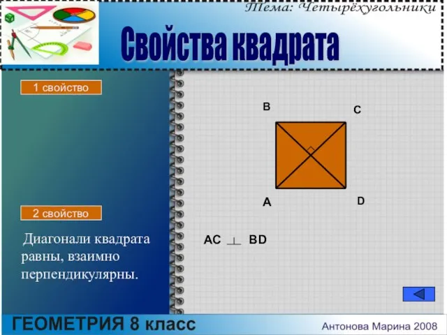 Диагонали квадрата равны, взаимно перпендикулярны. A B C D АС BD Свойства