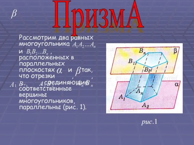 β Рассмотрим два равных многоугольника и , расположенных в параллельных плоскостях и